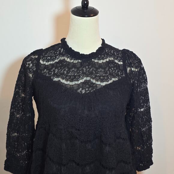 Monteau Womens Black Lace Mock Neck Swing Top Size M Dark Romantic Victorian - Picture 2 of 7